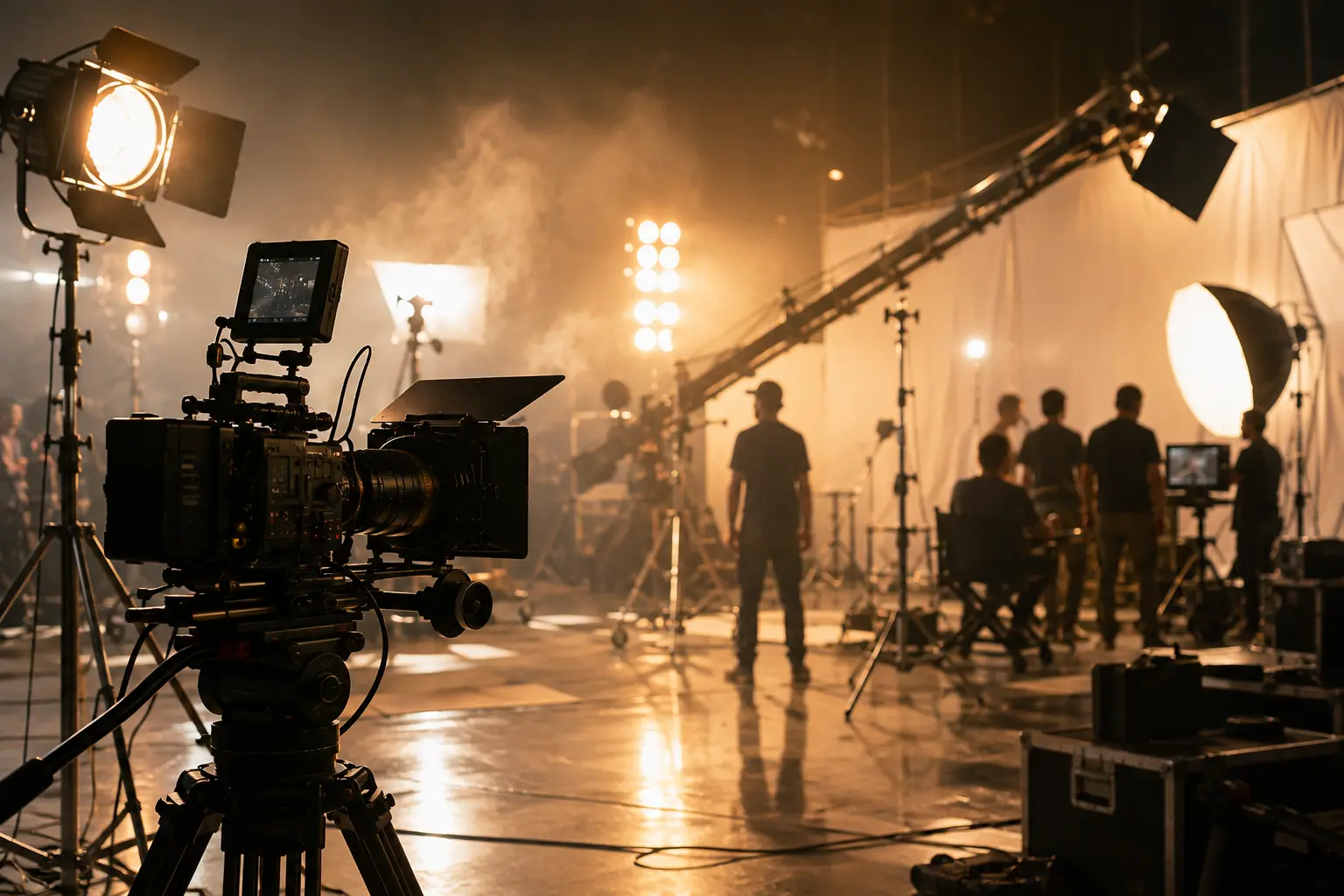 Social Braynz production crew on set — cinema camera, lighting rig, and film crew during a brand shoot