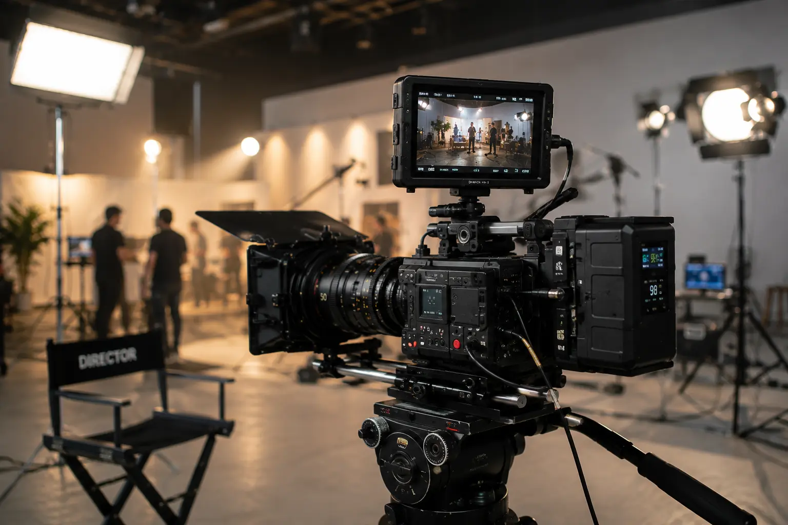 Cinema camera on a tripod with an on-set monitor, lighting rigs, and crew working in a studio