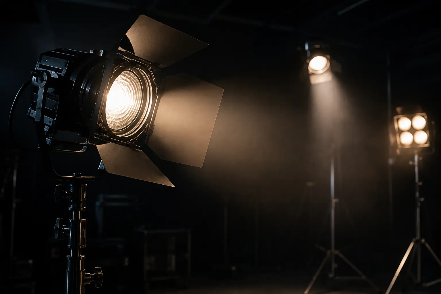 Fresnel studio light with barn doors casting a warm beam across a darkened production set