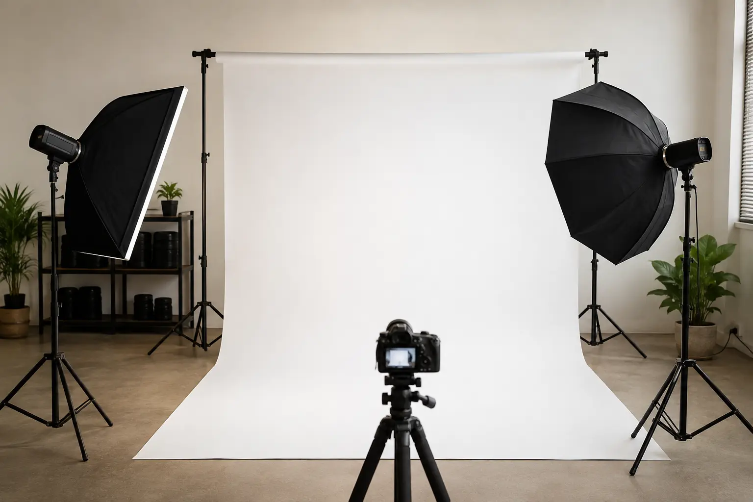 Fresnel studio light with barn doors casting a warm beam across a darkened production set